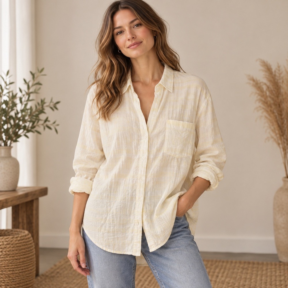 Universal Thread Shirt Women M Cream Yellow Stripe Coastal Button Down
